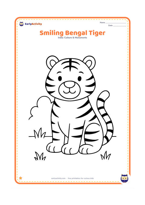 Colouring page: Draw a friendly Bengal tiger sitting with its front paws together and its striped tail curling beside it. Add only a few grass tufts and a rounded jungle bush behind the tiger.
