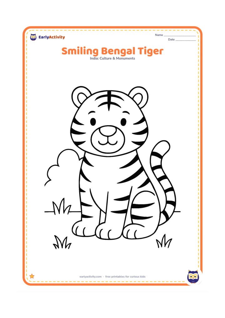 Colouring page: Draw a friendly Bengal tiger sitting with its front paws together and its striped tail curling beside it. Add only a few grass tufts and a rounded jungle bush behind the tiger.