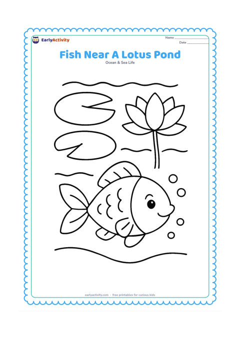 Colouring page: Draw one friendly freshwater fish swimming beneath two large lotus leaves and one open lotus flower, with broad ripples above and a few bubbles below. Include a simple curved pond bottom.