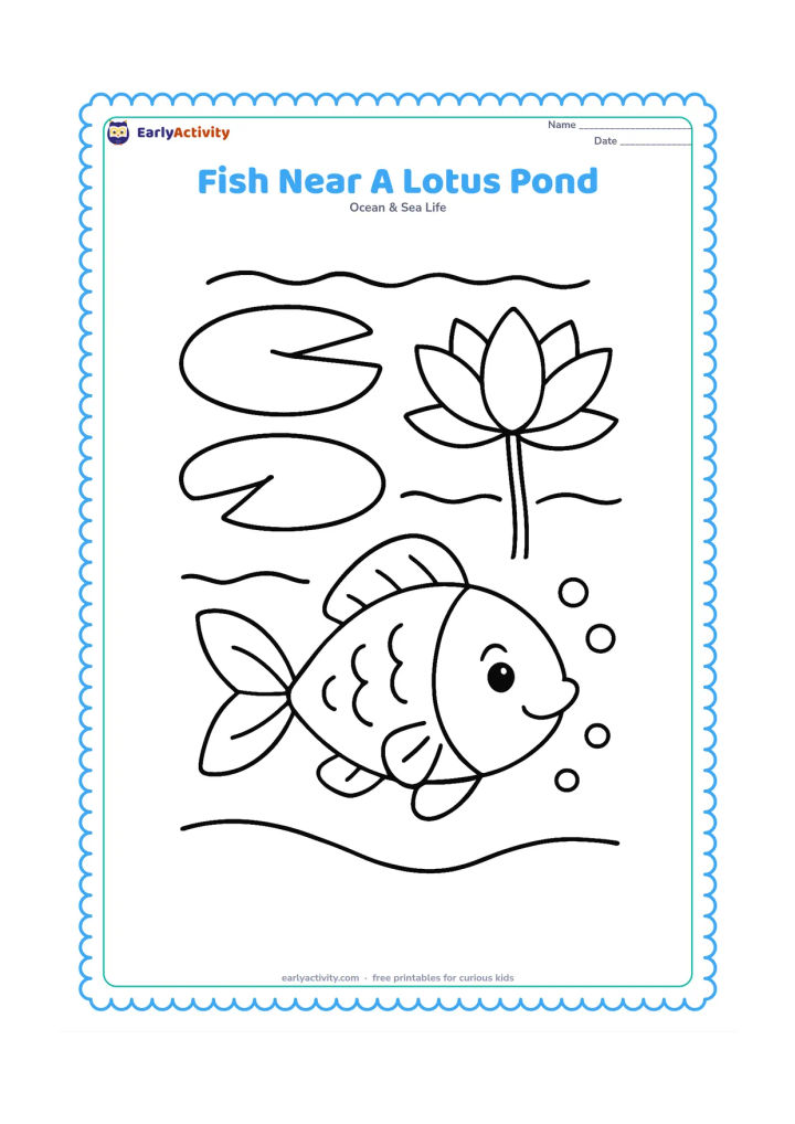 Colouring page: Draw one friendly freshwater fish swimming beneath two large lotus leaves and one open lotus flower, with broad ripples above and a few bubbles below. Include a simple curved pond bottom.