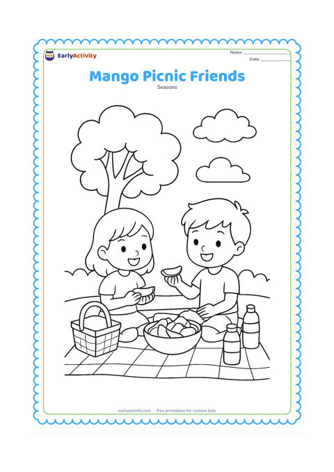 Colouring page: Two children sit on a picnic mat sharing sliced mangoes from a bowl, with a basket, water bottles, a leafy tree and a few clouds around them.