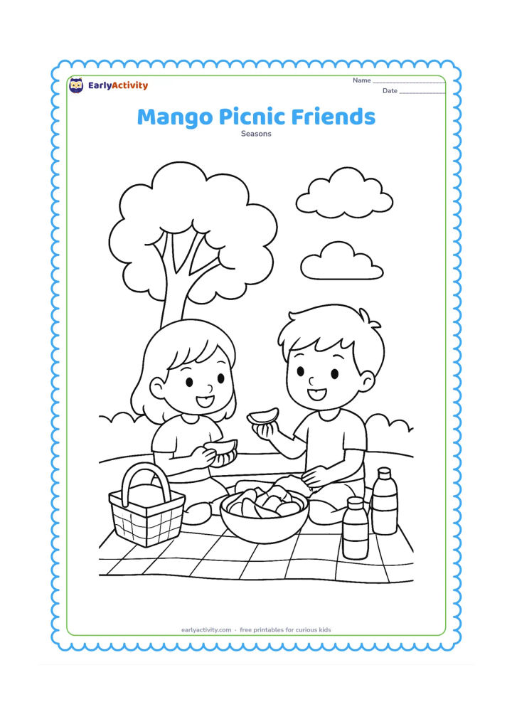 Colouring page: Two children sit on a picnic mat sharing sliced mangoes from a bowl, with a basket, water bottles, a leafy tree and a few clouds around them.