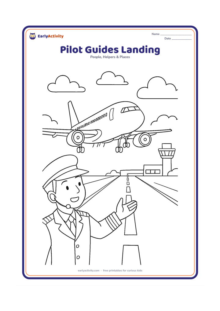 Colouring page: A pilot guides a passenger aeroplane toward a runway, seen from a slightly angled front view. Include landing lights, runway lines, control tower without markings, terminal buildings and…