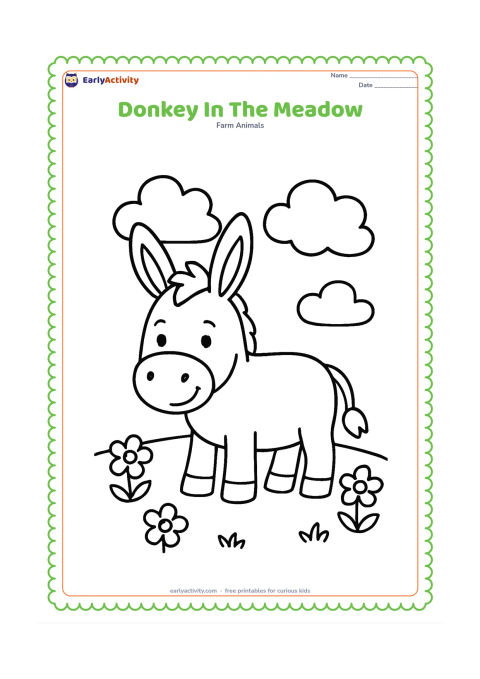 Colouring page: A friendly donkey stands in a wide grassy meadow with large rounded clouds and a few simple flowers around its hooves. Keep the donkey large in the centre with broad, open areas for…