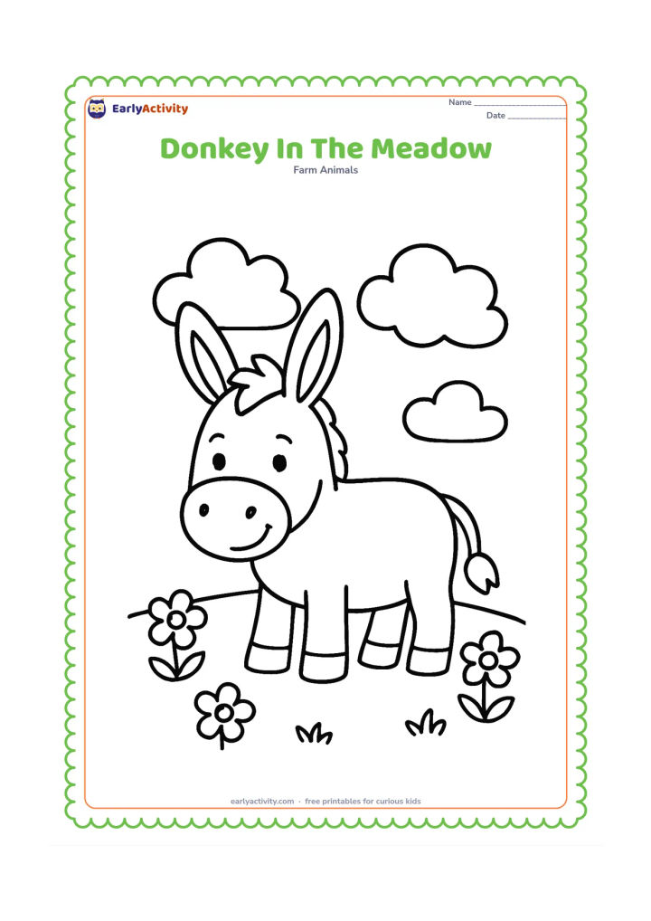 Colouring page: A friendly donkey stands in a wide grassy meadow with large rounded clouds and a few simple flowers around its hooves. Keep the donkey large in the centre with broad, open areas for…