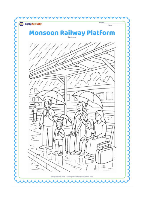 Colouring page: Families wait under a covered Indian railway platform during rain, with umbrellas, luggage, benches and a plain train visible beyond the tracks. Add wet floor reflections, roof gutters,…