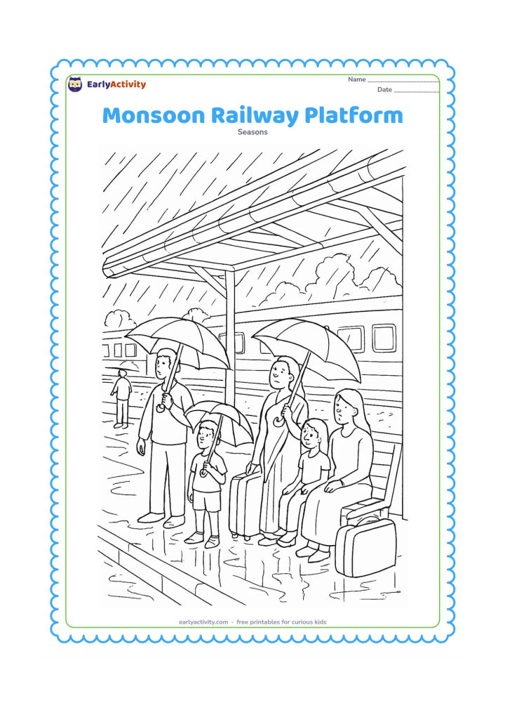 Colouring page: Families wait under a covered Indian railway platform during rain, with umbrellas, luggage, benches and a plain train visible beyond the tracks. Add wet floor reflections, roof gutters,…