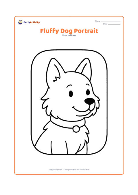 Worksheet: Show blank, unlabeled stages for a shoulder-up dog portrait, beginning with an oval head and adding fluffy cheek fur, pointed ears, eyes, muzzle and a collar. Place the portrait inside a…