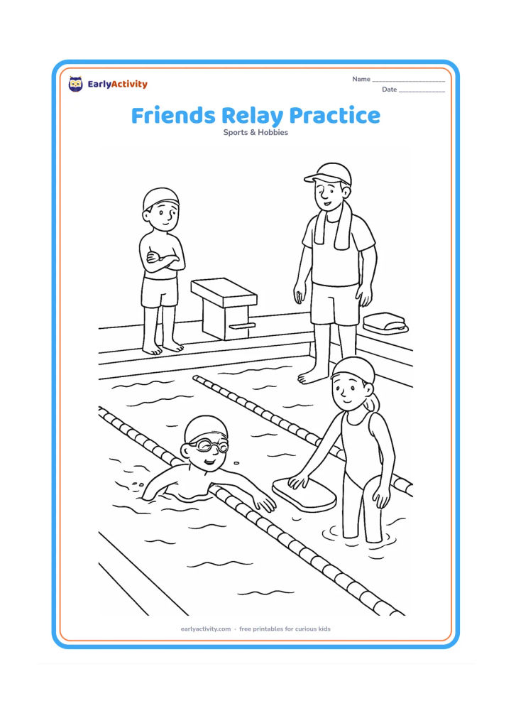 Colouring page: Three children take part in a supervised relay practice in adjacent pool lanes: one swims, one waits at the wall and one reaches for a kickboard. Show lane ropes, starting blocks, towels…