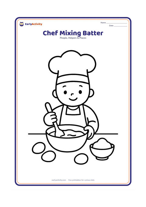 Colouring page: A smiling child chef wearing a tall hat and apron stirs batter in a large bowl with a spoon. Show a few eggs, a flour bowl, and a clean counter with plenty of open space.