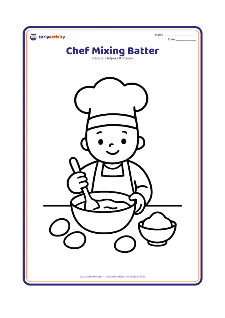 Colouring page: A smiling child chef wearing a tall hat and apron stirs batter in a large bowl with a spoon. Show a few eggs, a flour bowl, and a clean counter with plenty of open space.