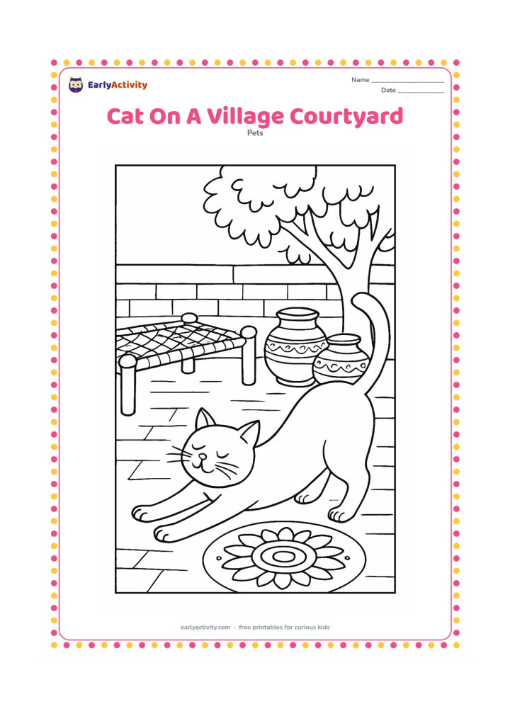 Colouring page: Draw a cat stretching across an Indian-style courtyard beside a charpai, clay pots, a low wall, and a leafy tree. Include a simple rangoli-inspired circular pattern on the ground without…