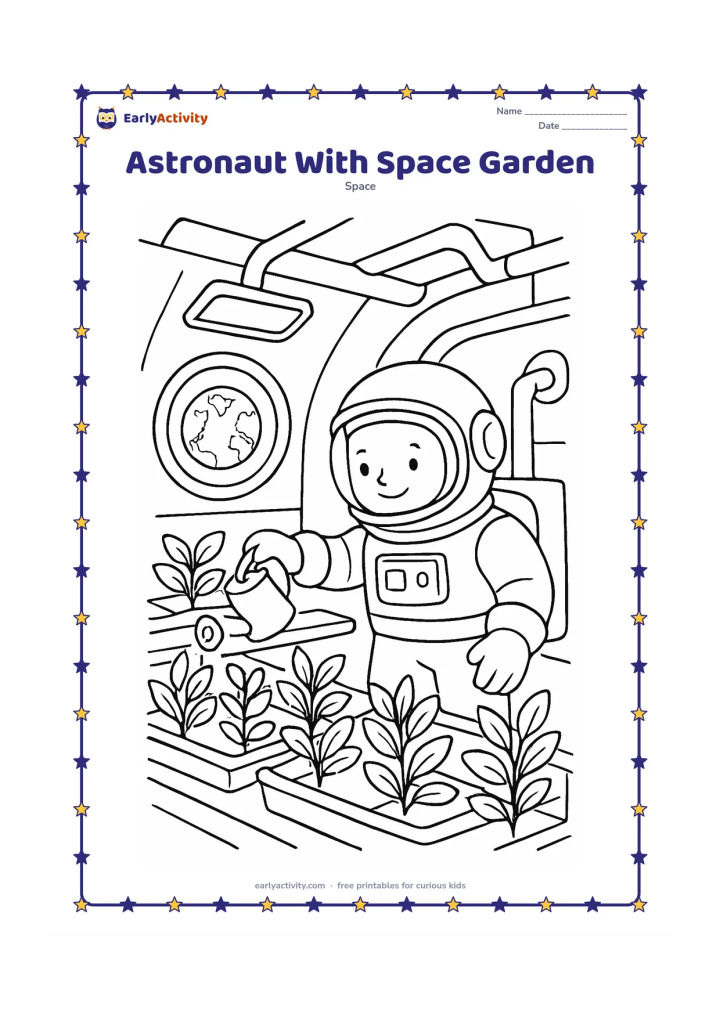 Colouring page: Draw an astronaut tending leafy plants inside a spacecraft greenhouse, holding a small watering container. Include rows of plant trays, a round window with Earth, pipes and gentle…