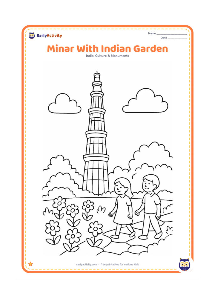 Colouring page: Place Qutub Minar behind a garden with simple marigold-like flowers, trimmed bushes, a stone path, and two visitors. Include an open view of the tower's five storeys.