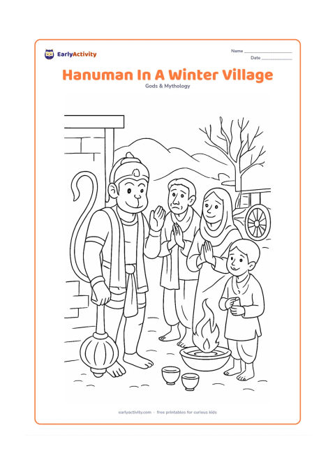 Colouring page: Hanuman warmly greets villagers beside a simple outdoor gathering, with his gada resting against a wall. Include shawls, a small brazier with gentle flames, clay cups, a bullock cart,…