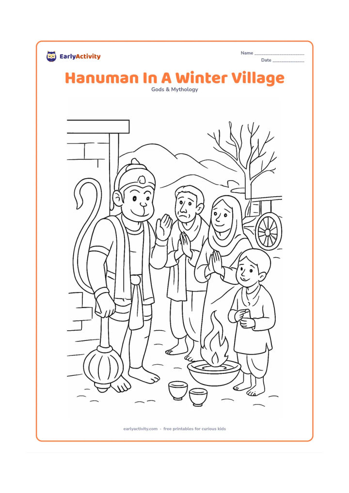 Colouring page: Hanuman warmly greets villagers beside a simple outdoor gathering, with his gada resting against a wall. Include shawls, a small brazier with gentle flames, clay cups, a bullock cart,…