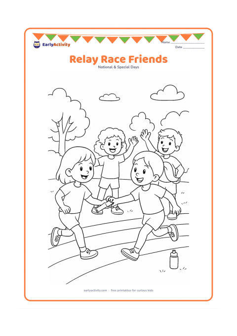 Colouring page: Four children take part in a friendly relay race on a school playground, with one child passing a baton and others cheering. Add trees, a water bottle, a few clouds, and a simple running…