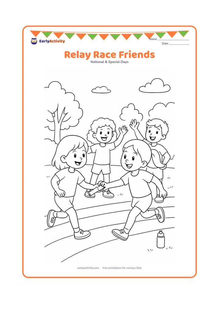 Colouring page: Four children take part in a friendly relay race on a school playground, with one child passing a baton and others cheering. Add trees, a water bottle, a few clouds, and a simple running…
