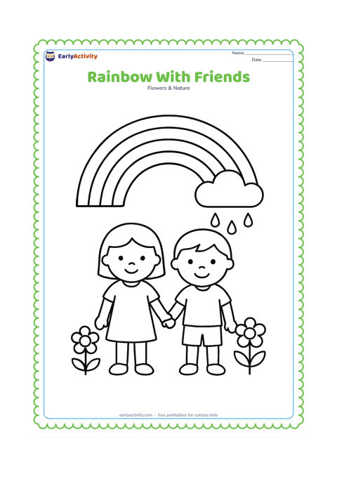 Colouring page: Draw two young children standing beneath a large rainbow and holding hands, with a cloud, three raindrops and two big flowers around them. Use a friendly outdoor scene with generous…