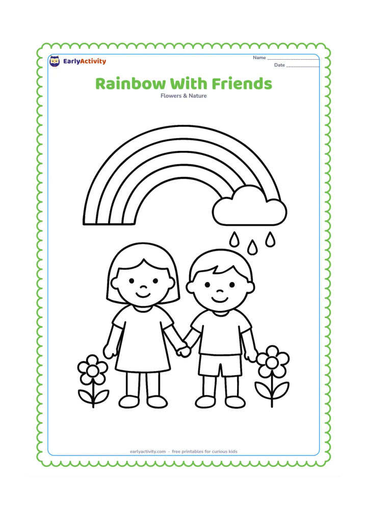 Colouring page: Draw two young children standing beneath a large rainbow and holding hands, with a cloud, three raindrops and two big flowers around them. Use a friendly outdoor scene with generous…