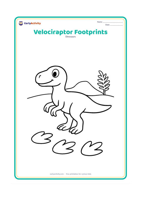 Colouring page: A standing velociraptor looks back at a short trail of three large three-toed footprints crossing the ground behind it. Add a low ridge and one fern in the distance.