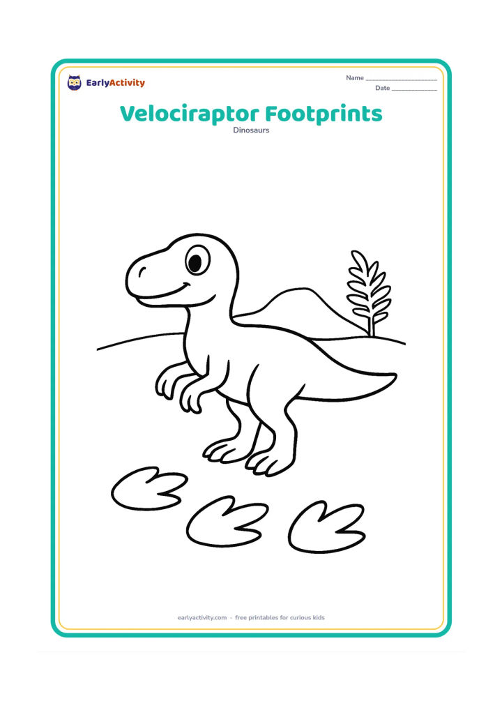 Colouring page: A standing velociraptor looks back at a short trail of three large three-toed footprints crossing the ground behind it. Add a low ridge and one fern in the distance.