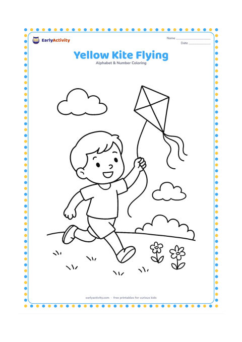 Colouring page: Draw a child running in a park while holding the string of a diamond-shaped kite, with two clouds, grass, and a few flowers.