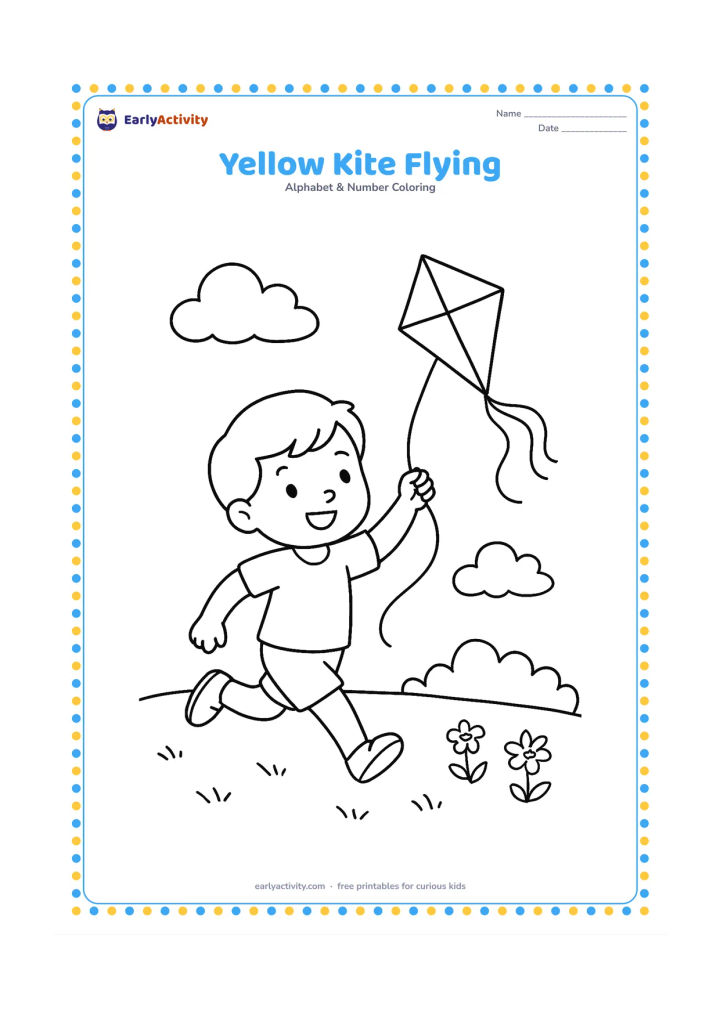 Colouring page: Draw a child running in a park while holding the string of a diamond-shaped kite, with two clouds, grass, and a few flowers.