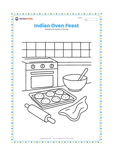 Colouring page: Draw a home kitchen scene with a closed oven, a tray of round baked breads on the counter, a mixing bowl, rolling pin, cloth and tiled backsplash. Keep all surfaces and containers free…