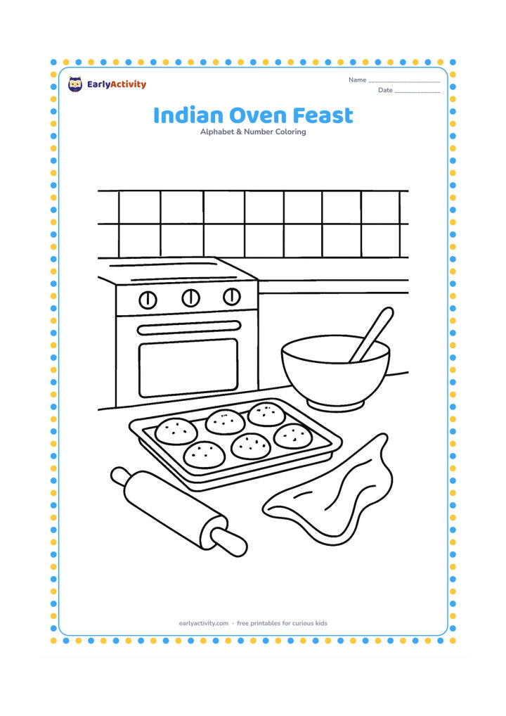Colouring page: Draw a home kitchen scene with a closed oven, a tray of round baked breads on the counter, a mixing bowl, rolling pin, cloth and tiled backsplash. Keep all surfaces and containers free…