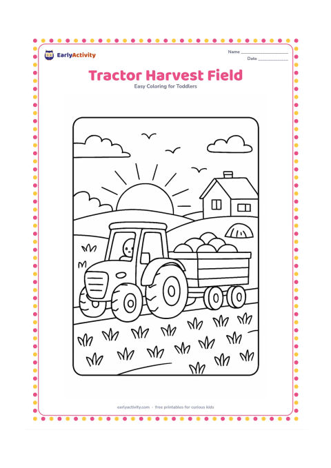 Colouring page: Draw a tractor pulling a harvesting trailer through a field of short crops at sunset. Include a farmhouse, hay bundle and several birds in the distant sky, with no text on any object.