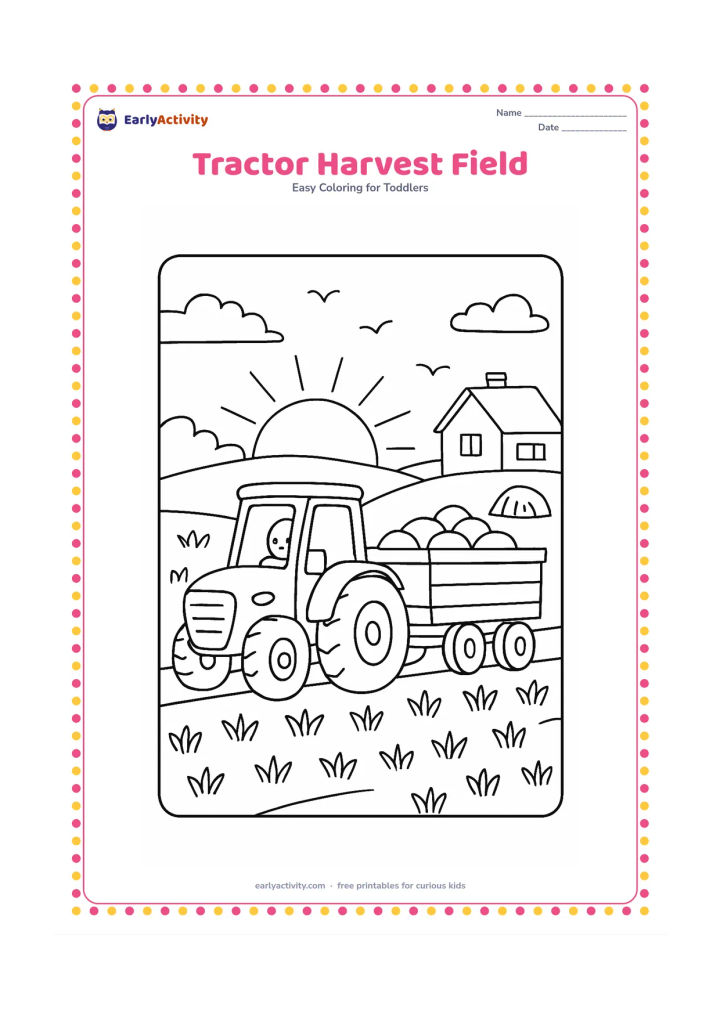Colouring page: Draw a tractor pulling a harvesting trailer through a field of short crops at sunset. Include a farmhouse, hay bundle and several birds in the distant sky, with no text on any object.