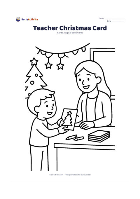 Worksheet: Draw a child presenting a handmade Christmas card to a smiling teacher in a classroom decorated with a small tree, paper stars and a garland. Include a desk with crayons and a neat stack…