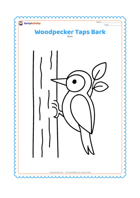 Colouring page: A woodpecker faces left while tapping the bark of a thick tree trunk. Show a few simple bark marks, a small branch and two large leaves without adding tiny textures.
