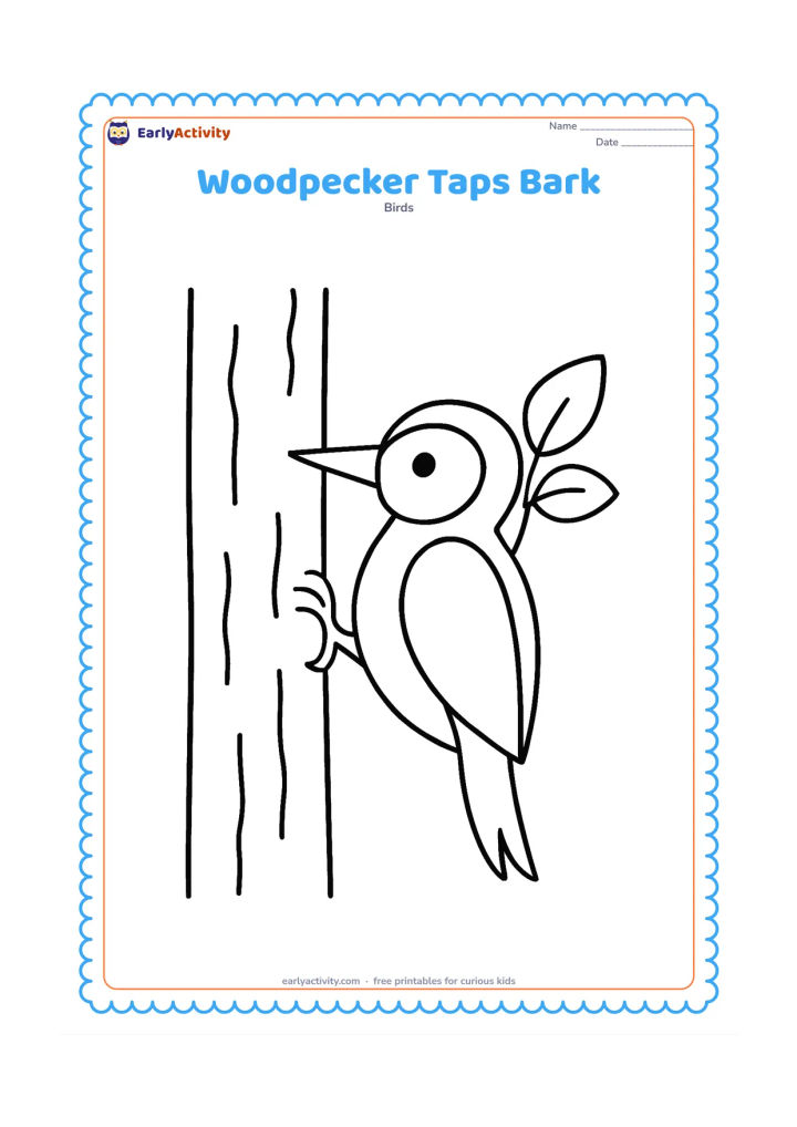 Colouring page: A woodpecker faces left while tapping the bark of a thick tree trunk. Show a few simple bark marks, a small branch and two large leaves without adding tiny textures.