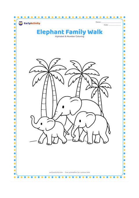 Colouring page: Draw three elephants of different sizes walking together beside a row of palm trees. One young elephant holds its trunk up while the adults walk calmly behind it.