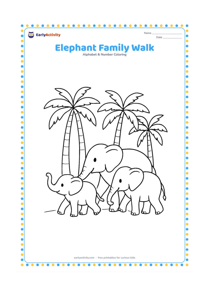 Colouring page: Draw three elephants of different sizes walking together beside a row of palm trees. One young elephant holds its trunk up while the adults walk calmly behind it.