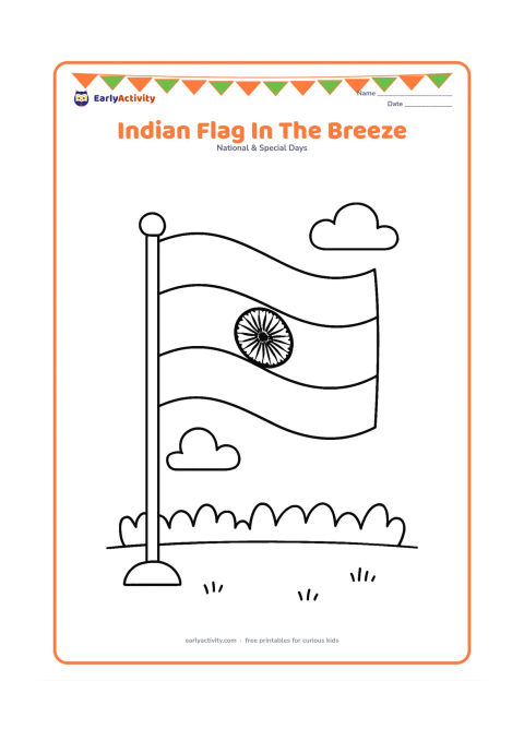 Colouring page: Draw the Indian national flag waving from a simple pole, with a clearly outlined Ashoka Chakra and broad flag sections. Add two rounded clouds and a low row of plants in the background.