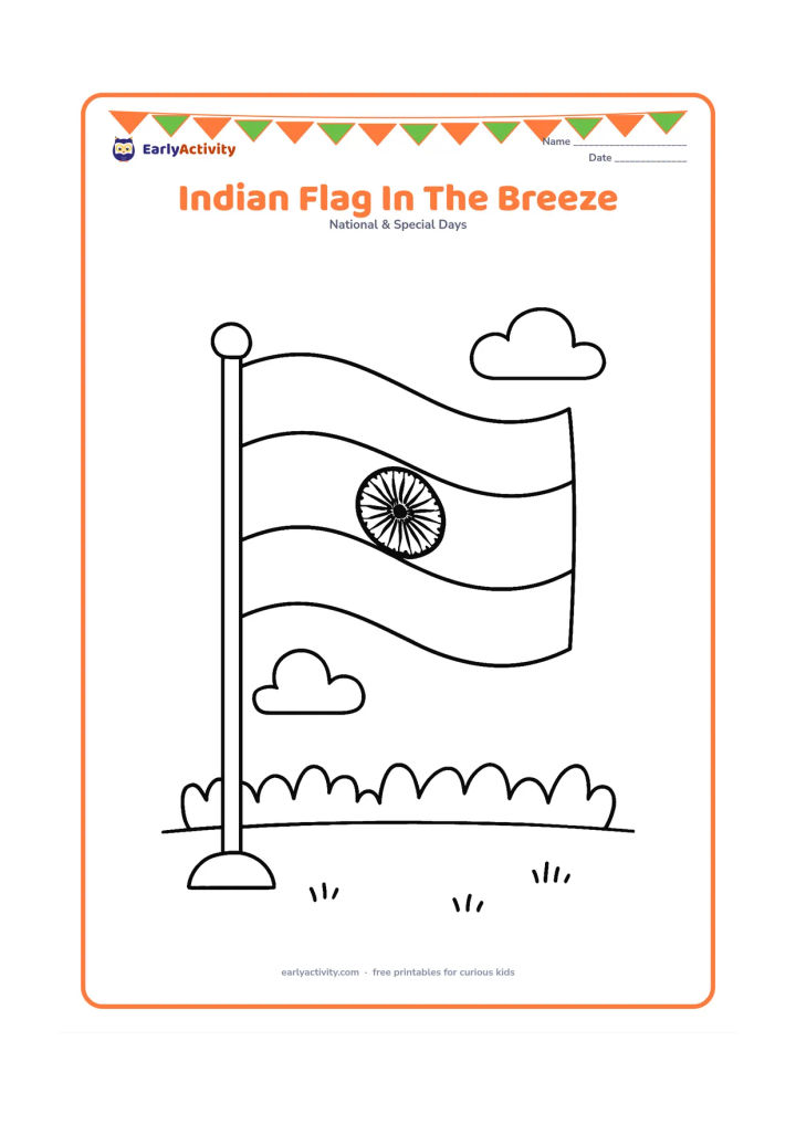 Colouring page: Draw the Indian national flag waving from a simple pole, with a clearly outlined Ashoka Chakra and broad flag sections. Add two rounded clouds and a low row of plants in the background.