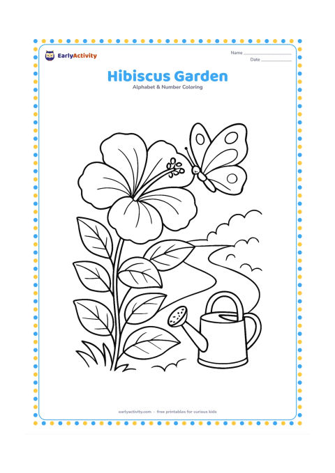 Colouring page: A large hibiscus flower blooms on a leafy plant beside a garden path, with a butterfly resting on one petal and a watering can nearby. Show the flower's broad petals and keep the can…