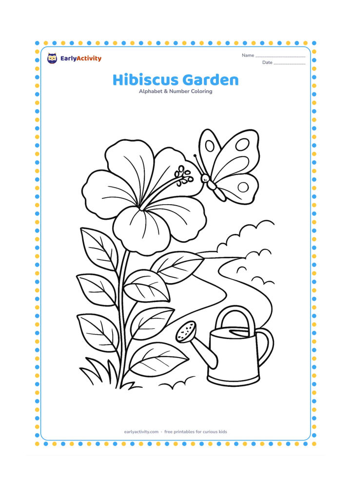Colouring page: A large hibiscus flower blooms on a leafy plant beside a garden path, with a butterfly resting on one petal and a watering can nearby. Show the flower's broad petals and keep the can…