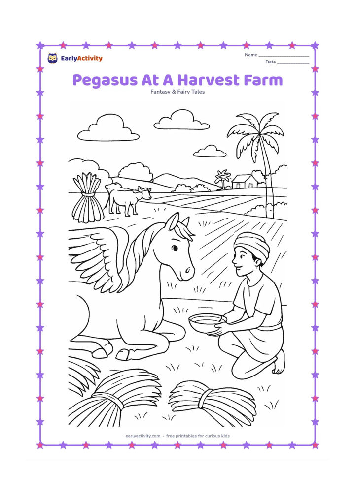Colouring page: Show a pegasus resting beside an Indian farm field at harvest time, with bundled grain, hay, a bullock cart, palm trees and a distant village. Include a farmer offering water in a plain…