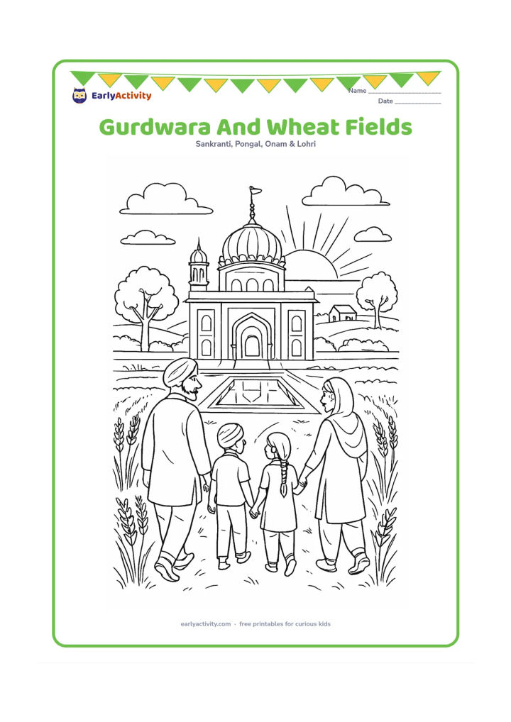 Colouring page: A detailed Punjab landscape places a domed gurdwara beyond golden wheat fields, with a family walking along the path toward the courtyard. Add a reflecting pool, arched entrance, trees,…