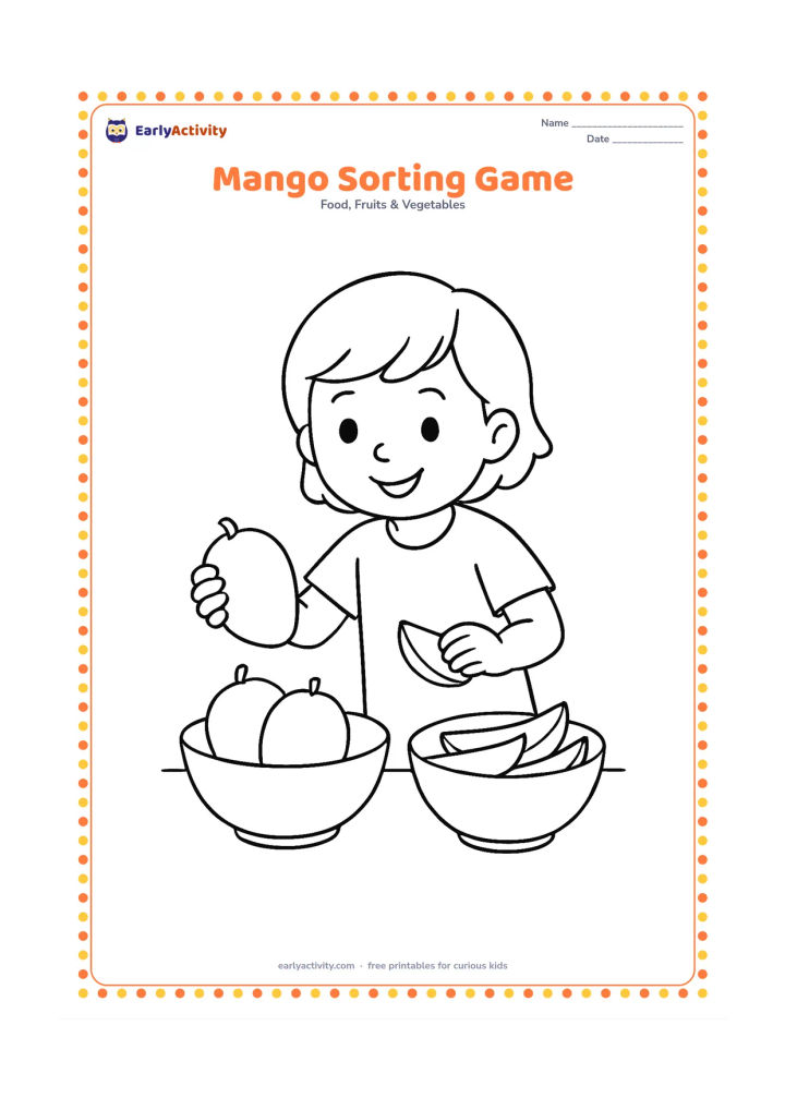 Colouring page: Show a child sorting three mangoes into two open bowls, with one bowl holding whole fruit and the other holding mango slices.