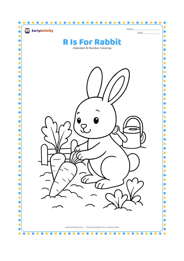 Colouring page: Draw a rabbit pulling a carrot from a vegetable patch, with three leafy plants, a watering can and a small garden fence. Show the rabbit in a clear side pose.