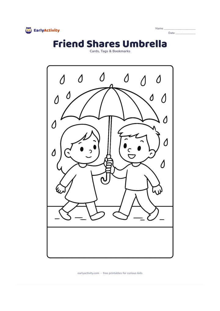 Worksheet: Two children walk together under one large umbrella while raindrops fall around them, with one child offering the handle to the other. Place a broad blank panel across the lower portion…