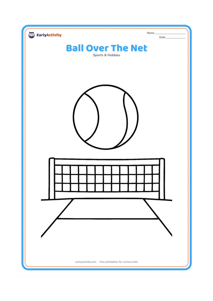 Colouring page: A large tennis ball travelling over a low tennis net, with a simple court surface and one bold baseline on each side.