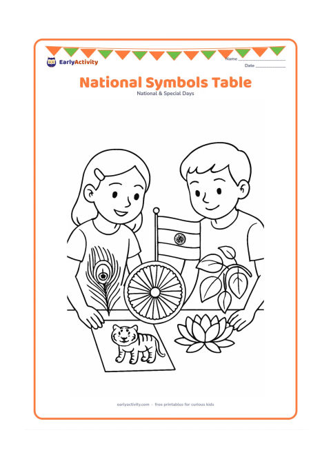 Colouring page: A carefully arranged tabletop display shows an Indian flag, Ashoka Chakra, peacock feather, lotus flowers, a tiger illustration on a blank card shape and a banyan branch. Two children…