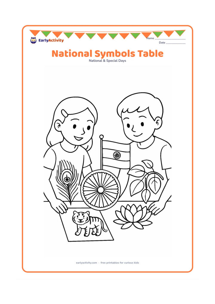Colouring page: A carefully arranged tabletop display shows an Indian flag, Ashoka Chakra, peacock feather, lotus flowers, a tiger illustration on a blank card shape and a banyan branch. Two children…