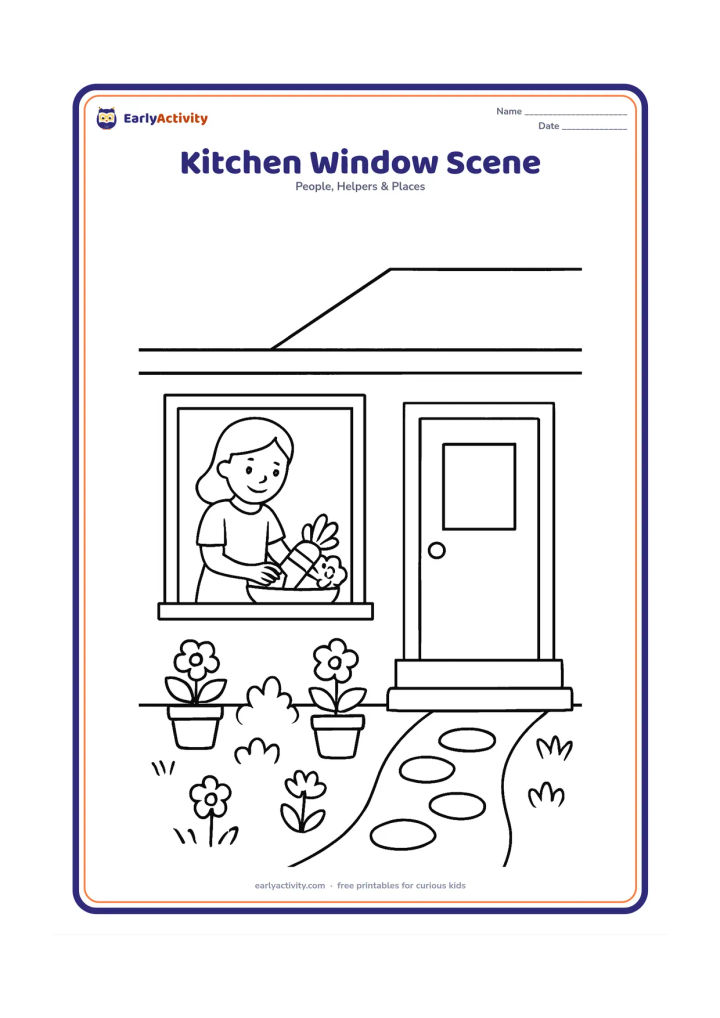 Colouring page: Draw the outside of a house showing a kitchen window, door, roof edge, flower pots and a person placing vegetables on a simple counter visible through the window. Add a small garden and…